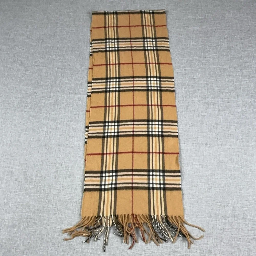 V. Fraas Scarf Womens One Size Beige Plaid Cashmink Acrylic Fringe Germany